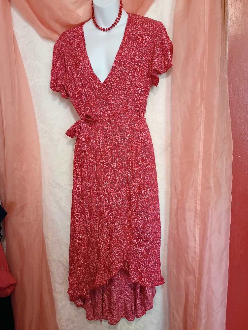 Zesica Ladies Red Floral Wrap Midi Dress with Tie Waist Sz Sm